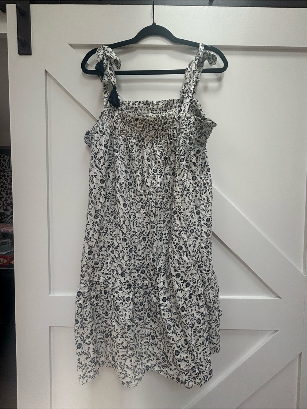 Old Navy White Dress with Navy Floral Print and Tie Shoulders